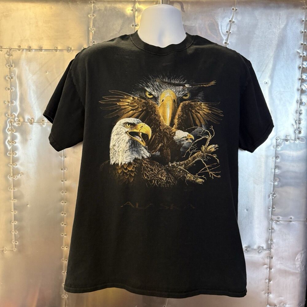 Vintage Bald Eagles Nature Shirt Mens XL Black Graphic Faded Alaska Wildlife 90s